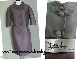 Vtg 60s LILLI ANN cropped jacket GRAY skirt WOVEN ball buttons BOW 