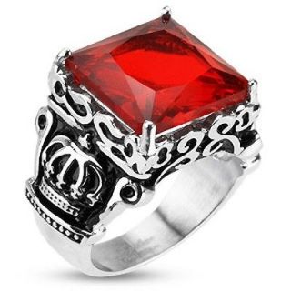   Steel Faceted Large Red Square Gem Royal Crown Cast Ring Band R254
