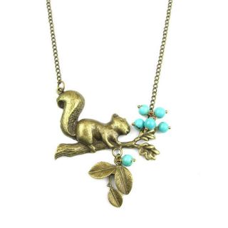 VINTAGE STYLE NECKLACE PENDANT branch squirrel leaf turquoise fruits 