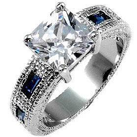 Montana Sapphire Blue CZ Silver Milgrain Rhodium Ring Plus Size 10 USA 