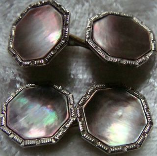 Vtg 14K White Yellow Gold Plumb Abalone Cuff Links Art Deco Etched Old