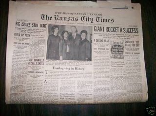 Vintage Kansas City TIMES NOV 26, 1963 Newspaper JFK ASSASSINATION