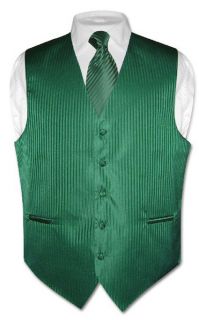 Mens Dress Vest & NeckTie Emerald Green Vertical Stripes Design Set