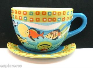 COLORFUL HAND PAINTED FISH THEME CERAMIC COFFEE CUP & SAUCER SHAPED 