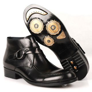 Mens Boots Dress Leather Shoes pull on Buckle Straps Biker Riding 
