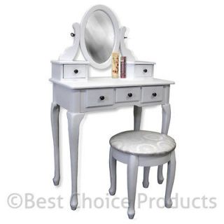 Vanity Table Jewelry Makeup Desk Bench Drawer White Solid Wood 