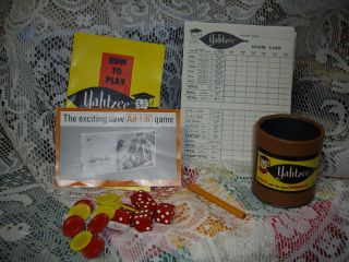   Vintage Game Pieces from 1967/Dice/Score Pads/Chips/Dice Cup/Instrctns