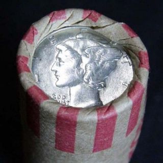 HIGH GRADE MERCURY SILVER DIME SHOWING ON END OF WHEAT ROLL (25 coins 