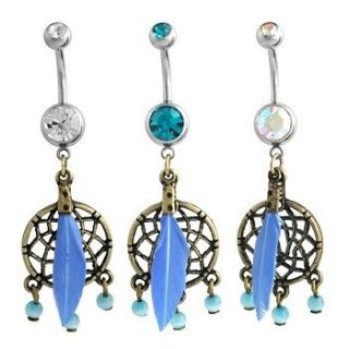 14g Dreamcatcher Blue Feather Antique Style Belly Ring Naval Dangle 