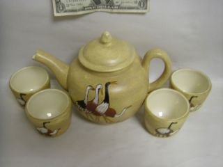 Lovely Duncan Enterprises Ceramic Tea Pot & Cups.Glazed Birds.Signed.W 