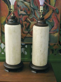 Pair Mid Century Limestone Travertine Wood Table Lamps