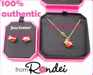 Juicy Couture Red Heart Banner Stone Gold Necklace & stud Earrings 