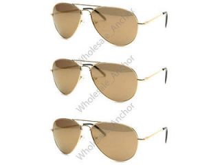 pairs LARGE Aviator Sunglasses GOLD w/ FULL BRONZE MIRRORED LENS 