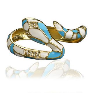 18K Gold GP Crystal Blue White Enamel Snake Bangle Bracelet T01A229K