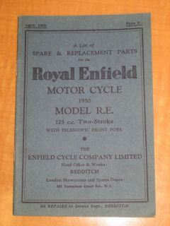 Royal Enfield Motor Cycle 1950 MODEL R.E. 125 c.c. Two Stroke List 