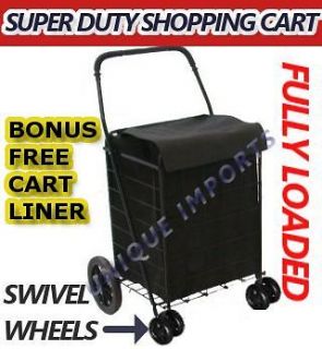   Folding Shopping Cart W/ BLACK LINER laundry Swivel Rotating Wheels