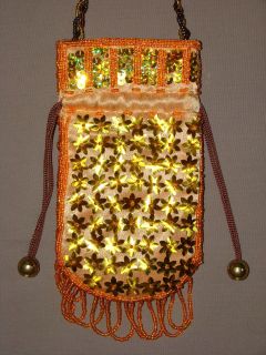    made, beaded, long strap, draw strings, coin purse/cell phone holder