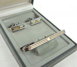 AUTHENTIC DUNHILL CUFFLINKS & TIE CLASP CLIP SILVER & GOLD COLOR SET w 