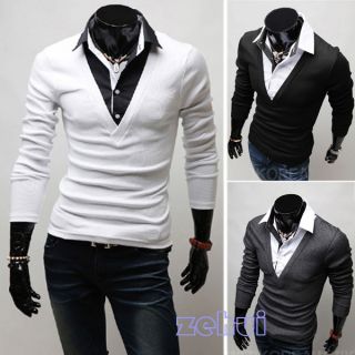 Fake Two Pieces Mens Shirt Design Slim Casual Fit Long Sleeved T 