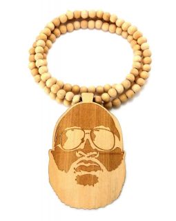 WOODEN RICK ROSS PENDANT W/ A 36 INCH 8MM BEADED CHAIN NECKLACE BLACK 