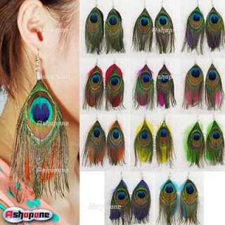 New Handmade Peacock Feather Drop Dangle Earrings 11 Colors