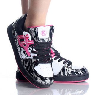 Black Pink Patent Zebra Casual Lace Up Skater Skull Punk Sneaker Shoes 