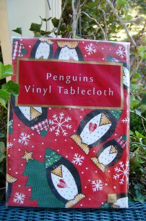   Penguin Snowflake Chritstmas Tree Holiday Tablecloth Red Vinyl NIP