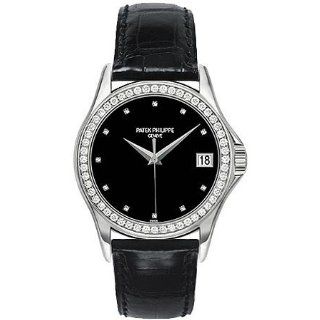 Patek Philippe Calatrava 18kt White Gold Diamond Black Mens Watch 