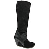 Fly London Byte Suede and Leather Panels Wedge Heel Knee Boots, Black