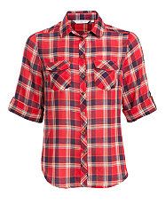 Red (Red) Red and Blue Check Roll Sleeve Shirt  255750760  New Look