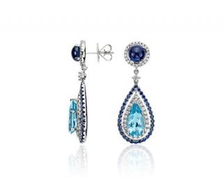 Pear Shape Aquamarine, Sapphire and Diamond Halo Diamond Earrings in 