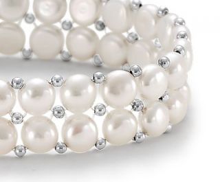 Button Freshwater Cultured Pearl Bracelet with Sterling Silver  Blue 