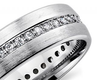 Brushed Diamond Eternity Mens Wedding Ring in 14K White Gold  Blue 