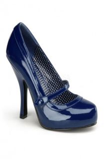 Navy Blue Patent Faux Leather Mary Jane Pump Heels @ Amiclubwear 