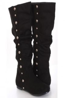 Black Faux Suede Slouchy Studded Mid Calf Flat Boots @ Amiclubwear 