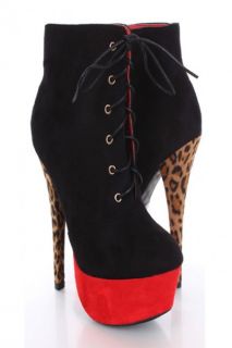 Home / Black Faux Suede Two Tone Laced Animal Print Heel Booties