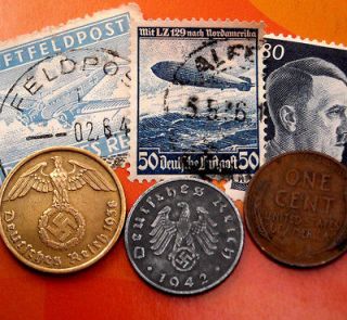  WW2 COIN LOT US Cent & NAZI German 5 & 10 pf/Swastika & Hitler Stamps