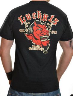 LUCKY 13 GREASE GAS GLORY RED LAUGHING DEVIL BIKER ROCK ROCKABILLY T 