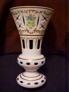   Cut to Cobalt Glass ~ Hand Painted Gilded Vase views of Flowers