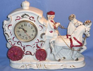 Vintage Porcelain Horse Carriage White Red Gold Shelf Mantle Clock 