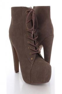 Home / Dark Taupe Faux Suede Laced Up Tie Heel Ankle Booties