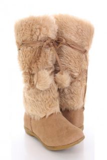 Natural Faux Suede Fur String Pom Pom Mid Calf Boots @ Amiclubwear 