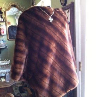 INC Brown Faux Fur Pull On Poncho Coat M Vtg Style