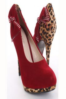 Red Velvet Leopard Print Faux Suede Bow Accent Heels @ Amiclubwear 