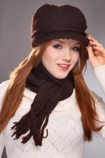 Home / Brown Knitted Ruched Center Small Brim Beanie Matching Scarf 