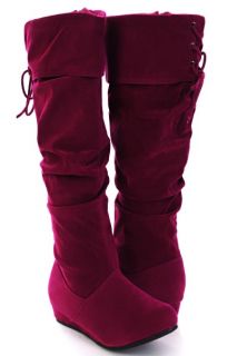 Fuchsia Faux Suede Zipper Ruched Wedge Flat Boots