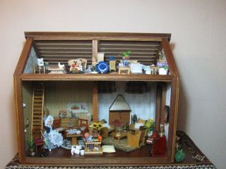 Antique German 1950s Wooden Doll Farm House 2 Story Includes 