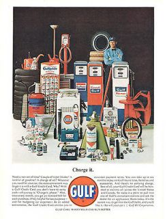 1963 Gulf Oil Gas Pumps Oil Cans Charge It Print AD