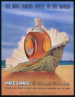 1947 Haig & Haig Scotch Bottle Seashell Kapra Art Ad