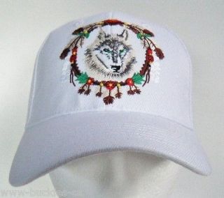WHITE HAT BASEBALL CAP WILD WOLF ANIMAL FEATHERS NATIVE INDIAN CHAPEAU 